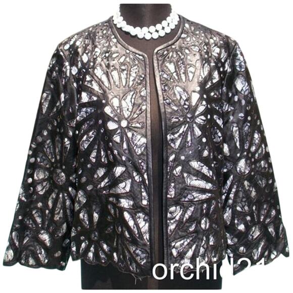Cache Laser Cut Leather Lace Swing Jacket Top New Peek A Boo Black White $398 - Picture 6 of 6